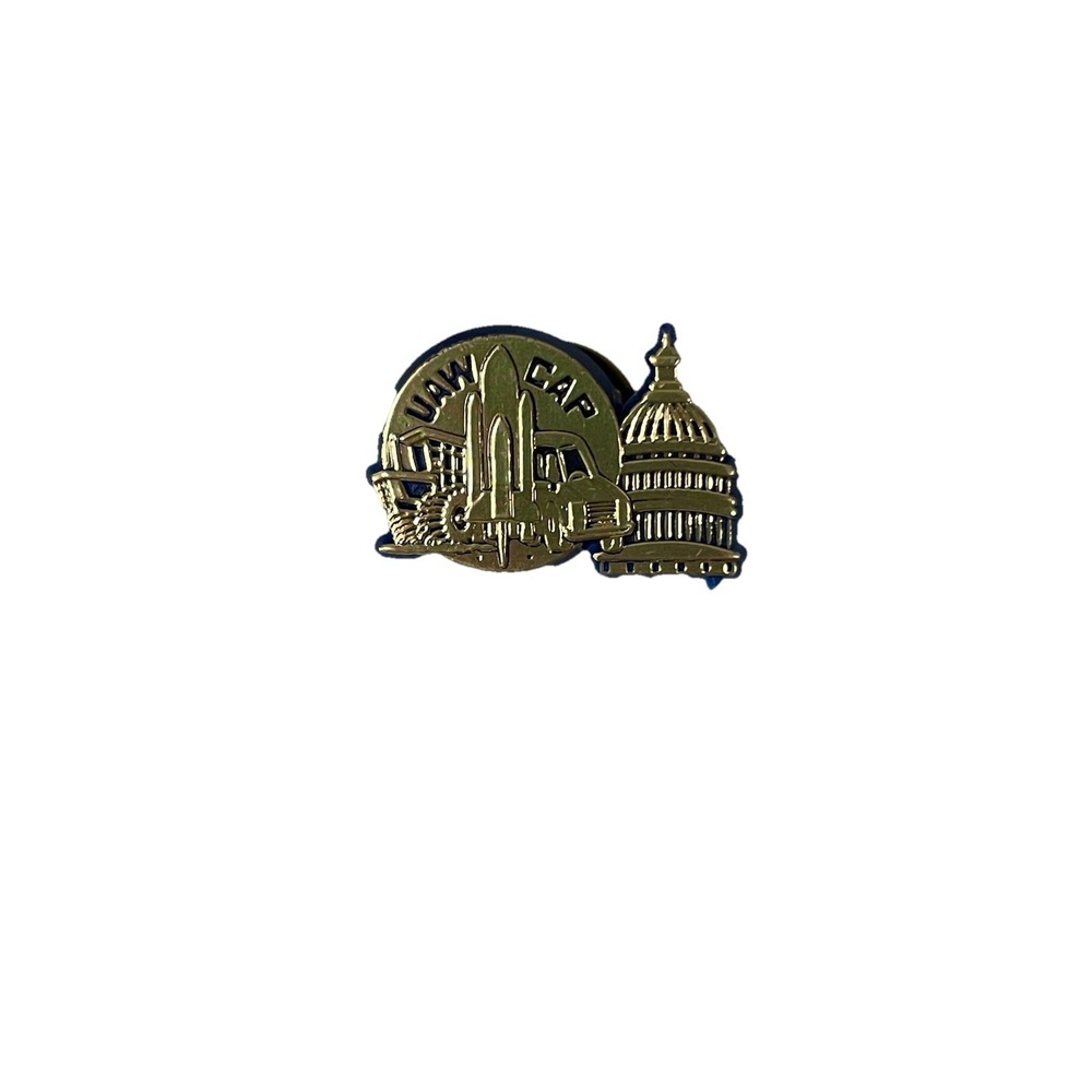 UAW Cap Blue Plastic and Gold Tone Lapel Pin Pinback‎